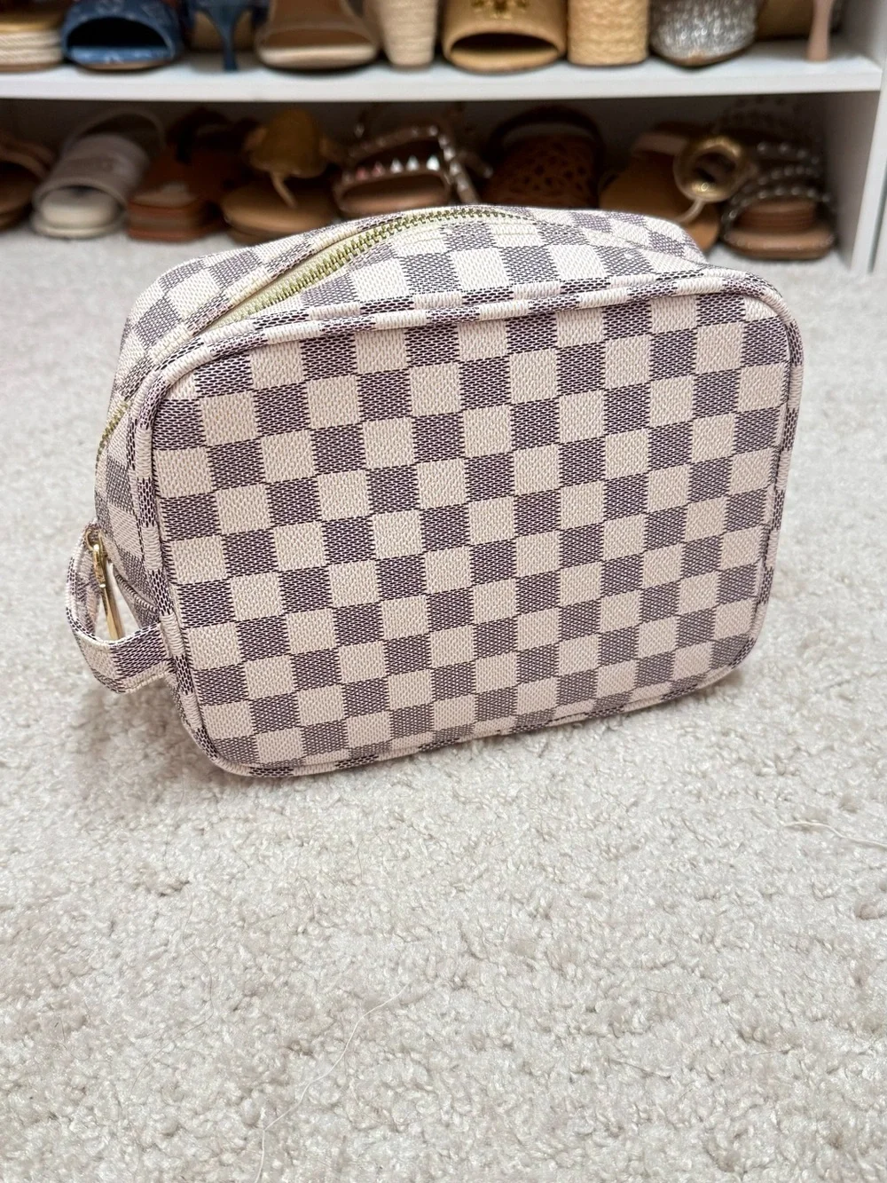 Checked Cosmetic Pouch in Beige and Taupe